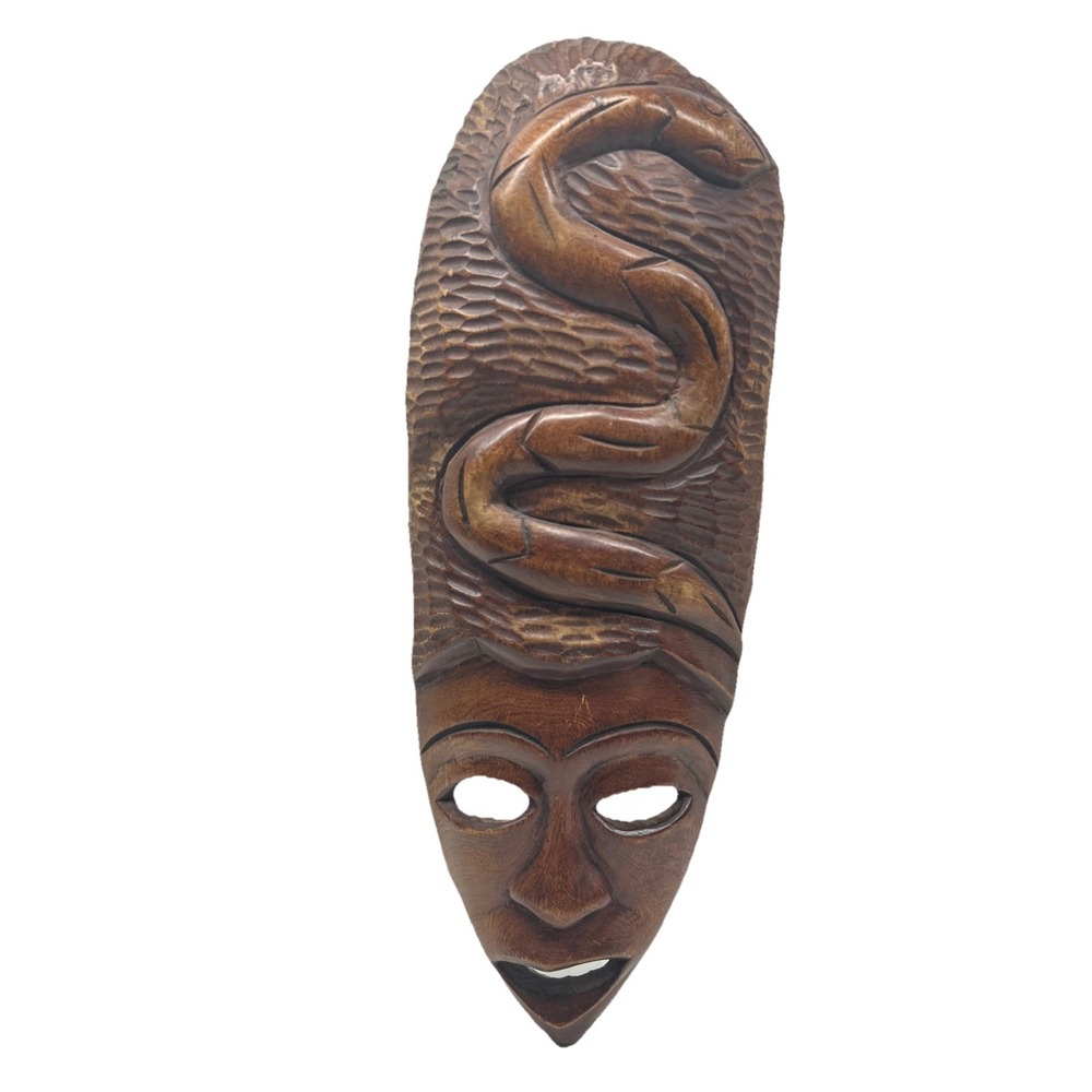 Vintage Hand Carved Haitian Wooden Wall Mask Snake Motif Folk Art 6.75" X 19"